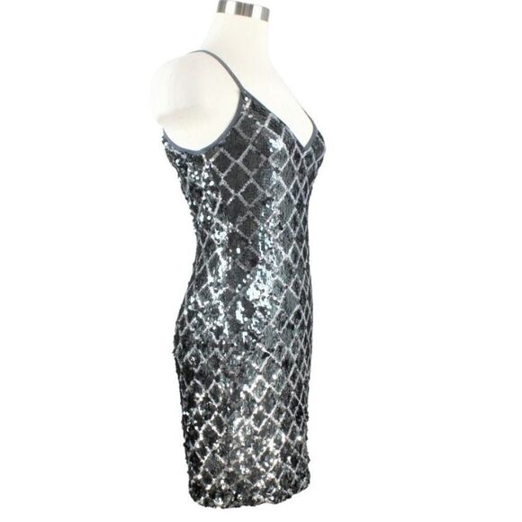 Dress Bodycon Strappy Silver Gray Black Sequin Mini Love + Air Size Medium - Picture 2 of 9
